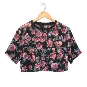 Sheer Floral Print Cropped Black Crewneck Tee H&M